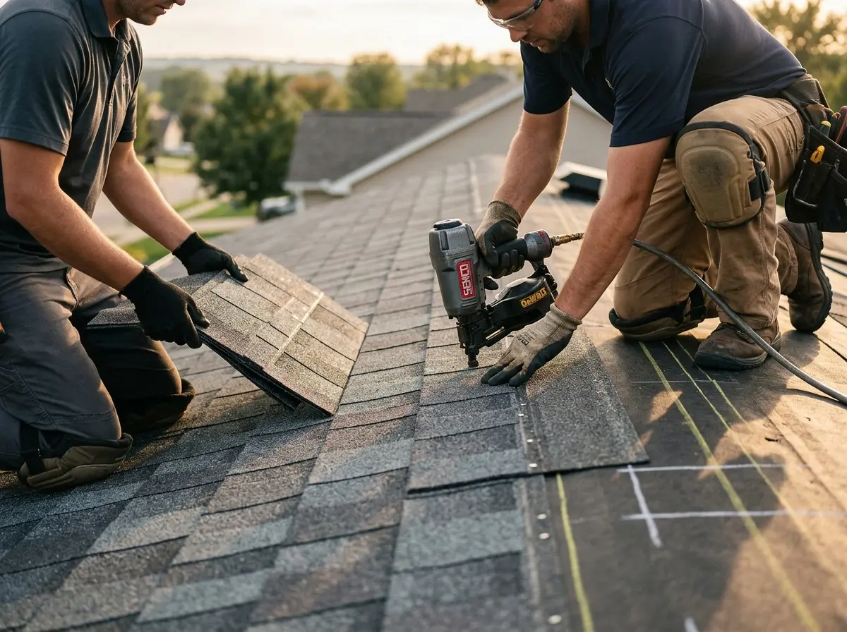 Professional roofer working on a residential roof in Stillwater
